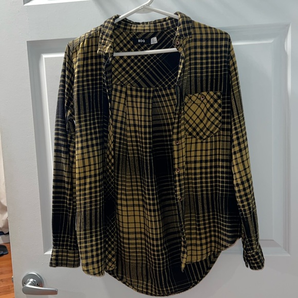 BDG Tops - BDG yellow and black plaid button up shirt small
